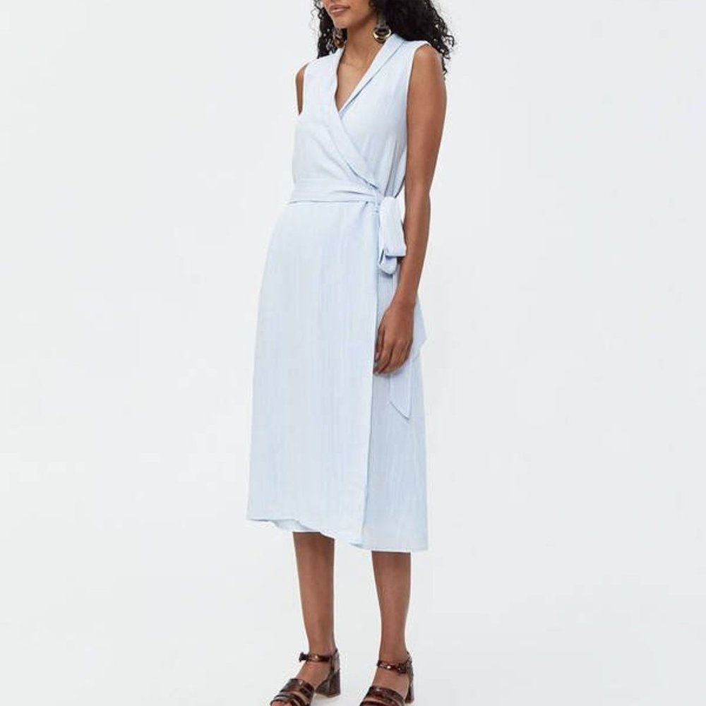 Need Supply Stelen Baby Blue Sleeveless Midi Wrap Dress Shawl Collar